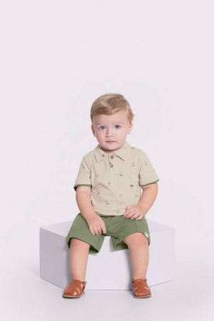 Conjunto Infantil Menino Com Bermuda E Camisa Polo Estampada